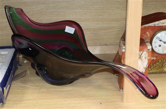 A large Murano three colour glass dish, one end ground off length 82cm